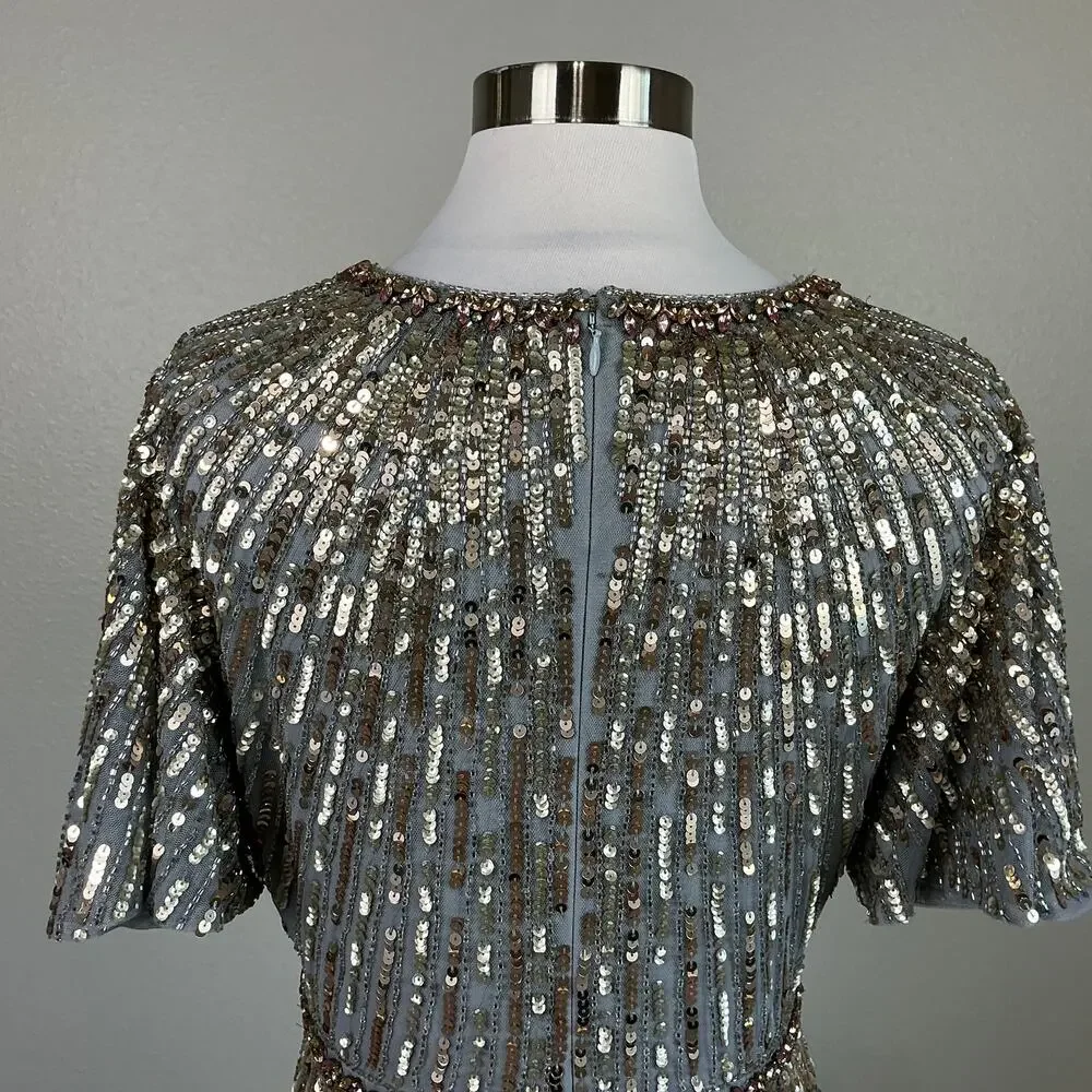 Mac Duggal 5538 Sequined Short Sleeve A-Line Evening Gown Silver Size 6 Dress - Picture 9 of 12